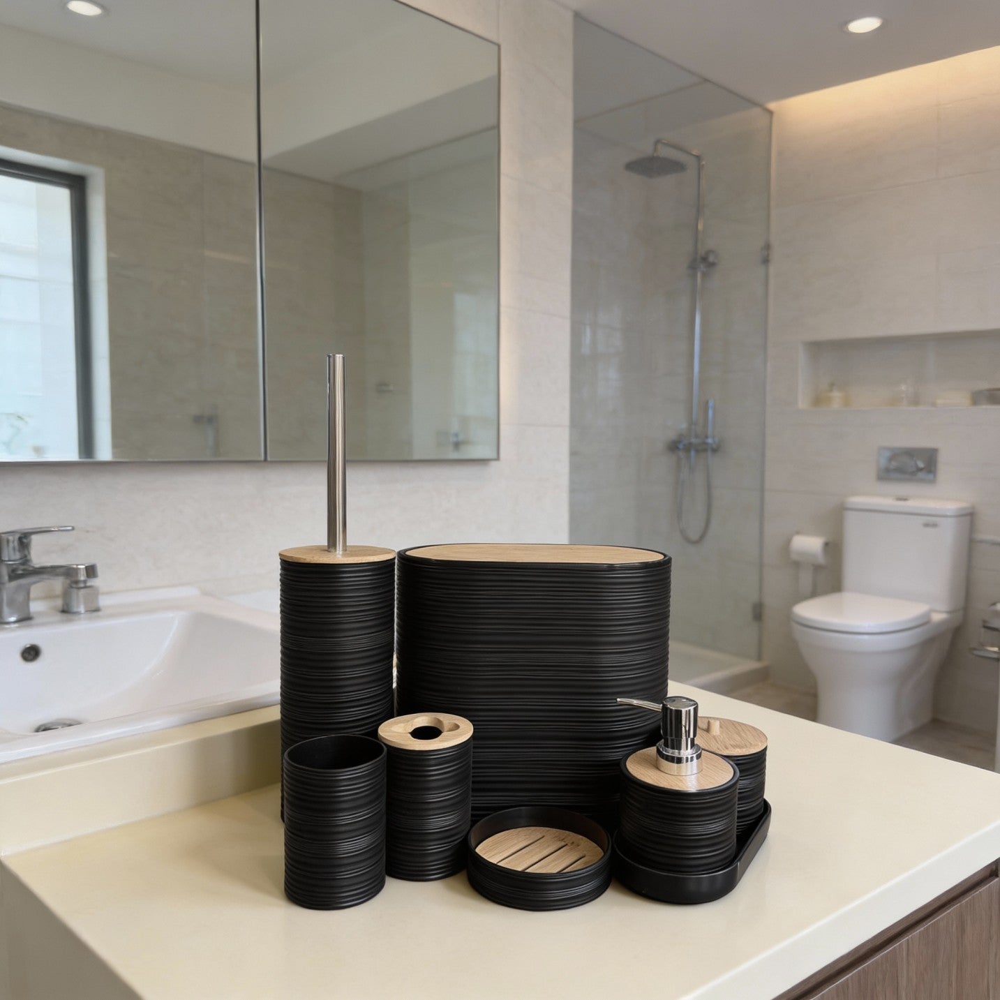 Ensemble d'accessoires de salle de bain avec couvercles en bambou – 8 pièces