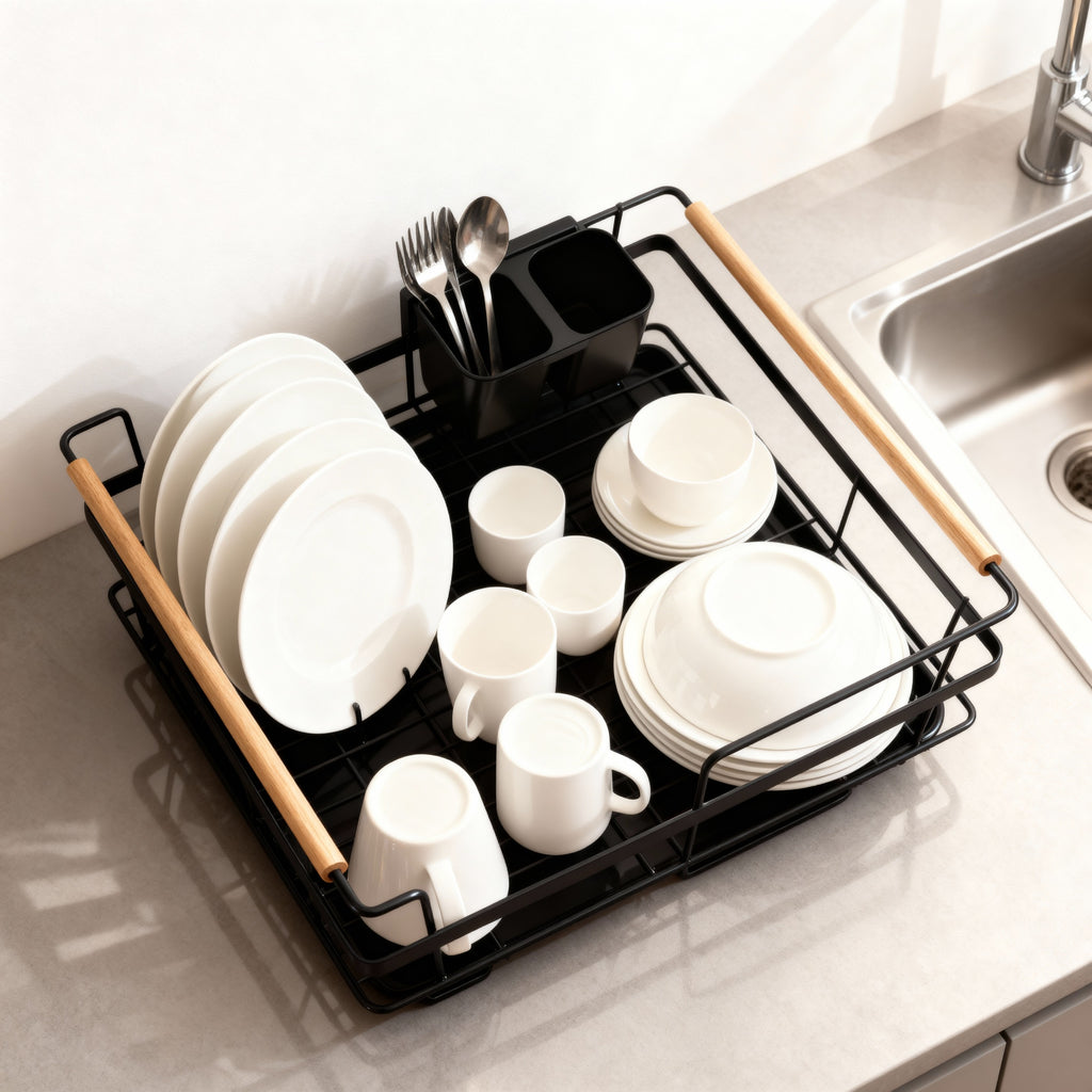 Modern Countertop Dish Drying Rack with Wooden Handles