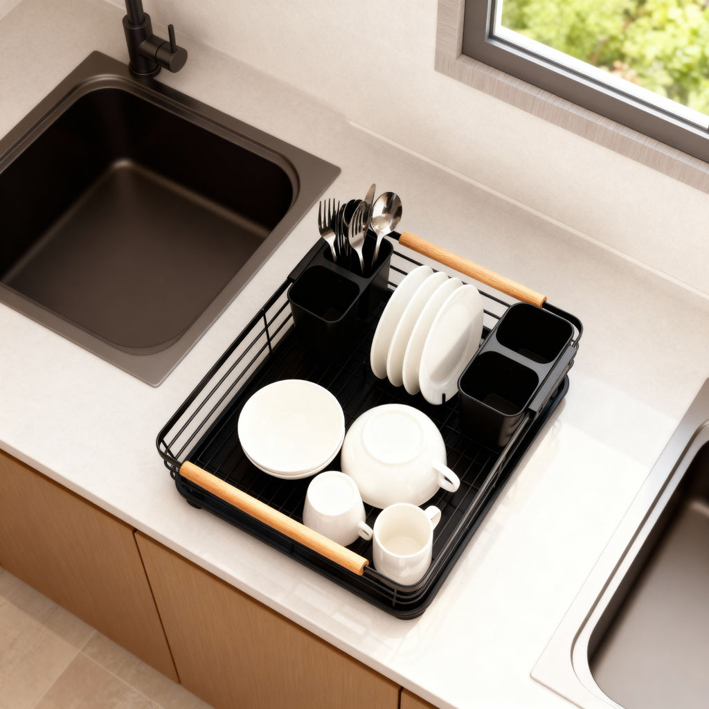 Compact Dish Drying Rack with Wooden Handles
