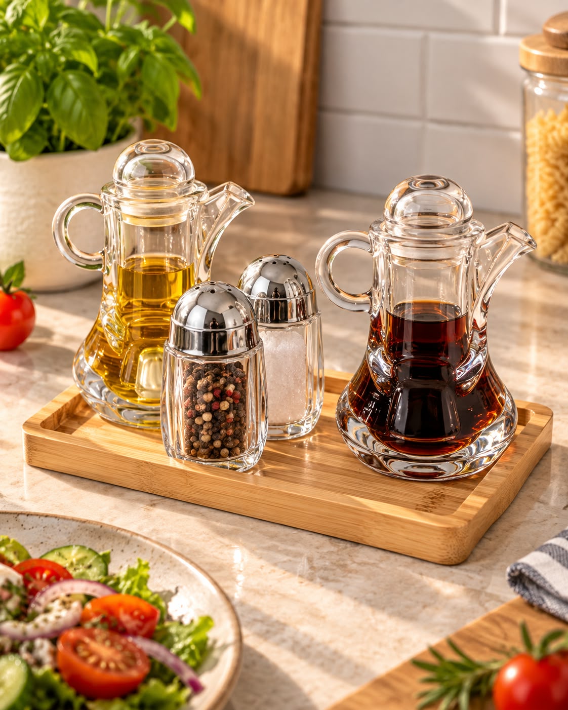 Glass oil vinegar and spice condiment set filled with oil vinegar and spices