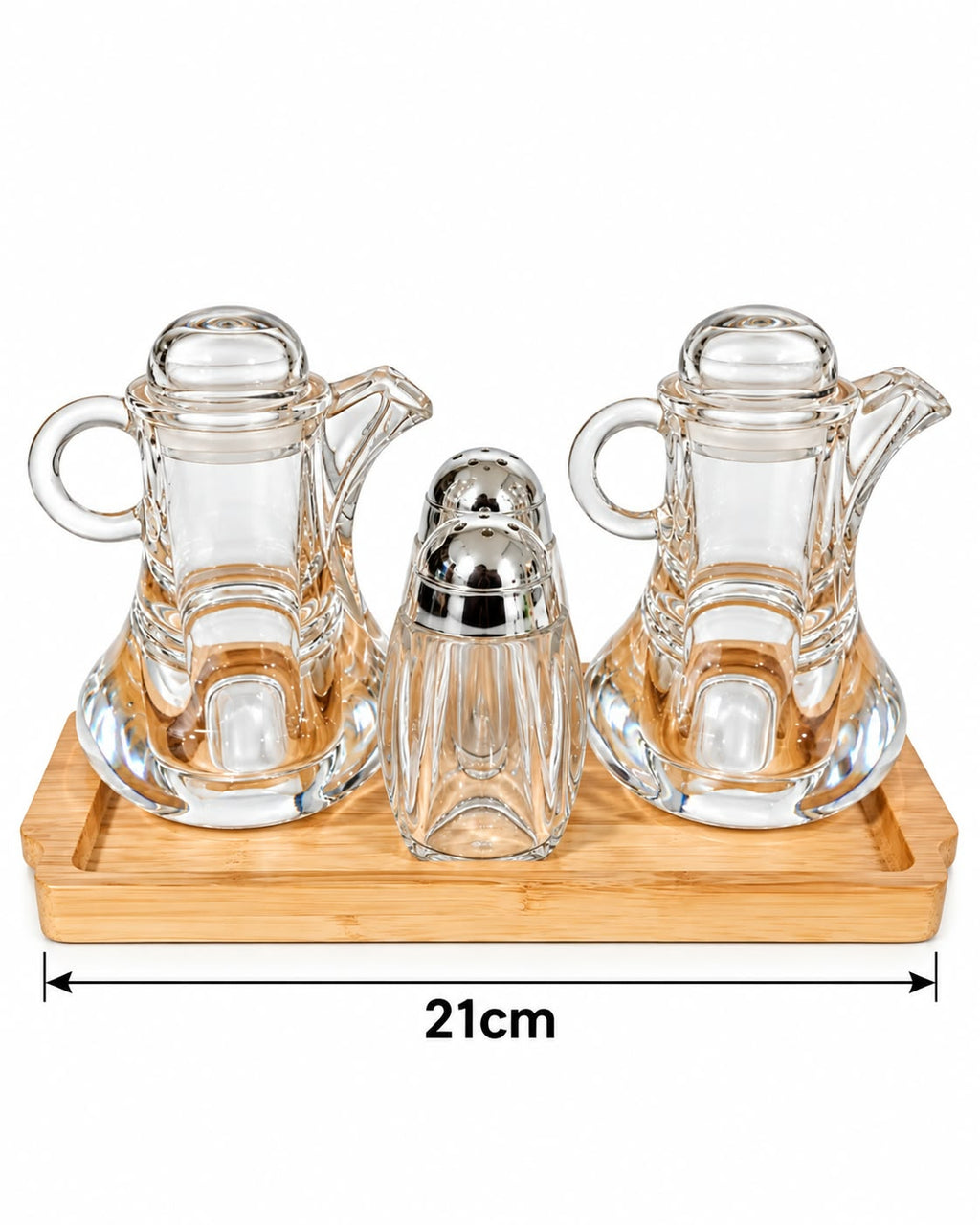 Glass oil vinegar and spice condiment set on 21 cm bamboo tray