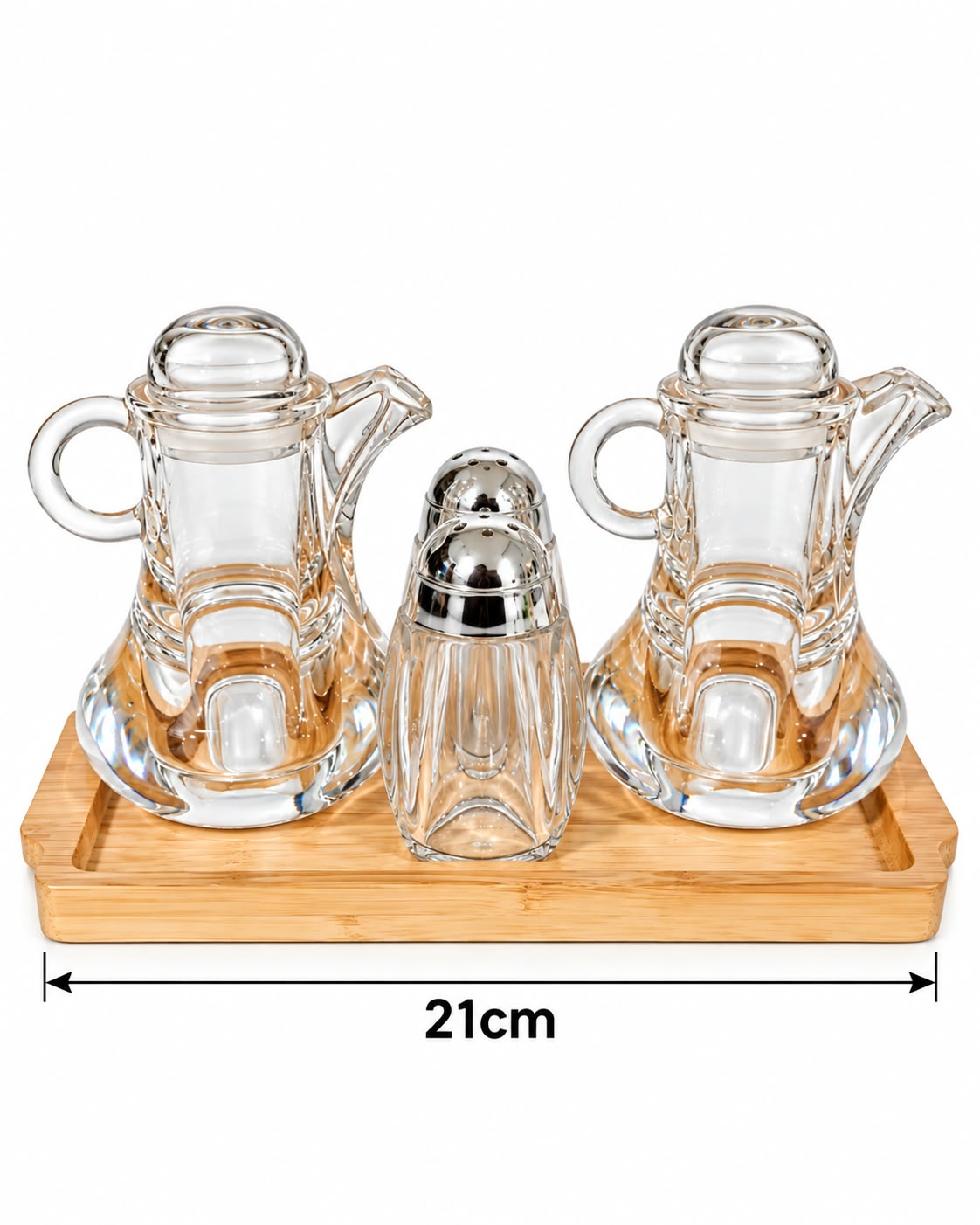 Glass oil vinegar and spice condiment set on 21 cm bamboo tray