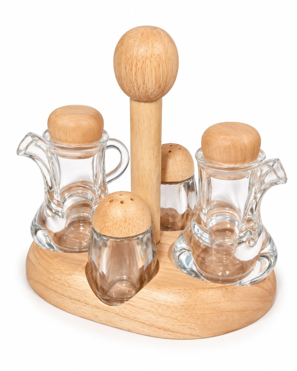Glass oil vinegar and spice condiment set with wooden lids and stand