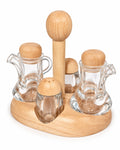 Glass oil vinegar and spice condiment set with wooden lids and stand