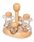 Glass oil vinegar and spice condiment set with wooden lids and stand