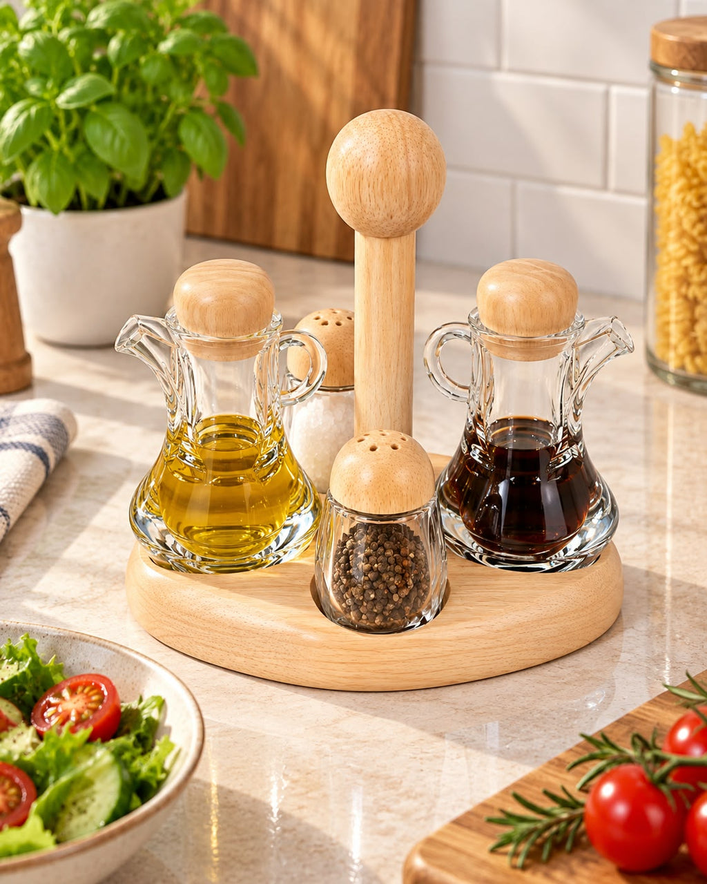 Glass oil vinegar and spice condiment set with wooden stand in kitchen