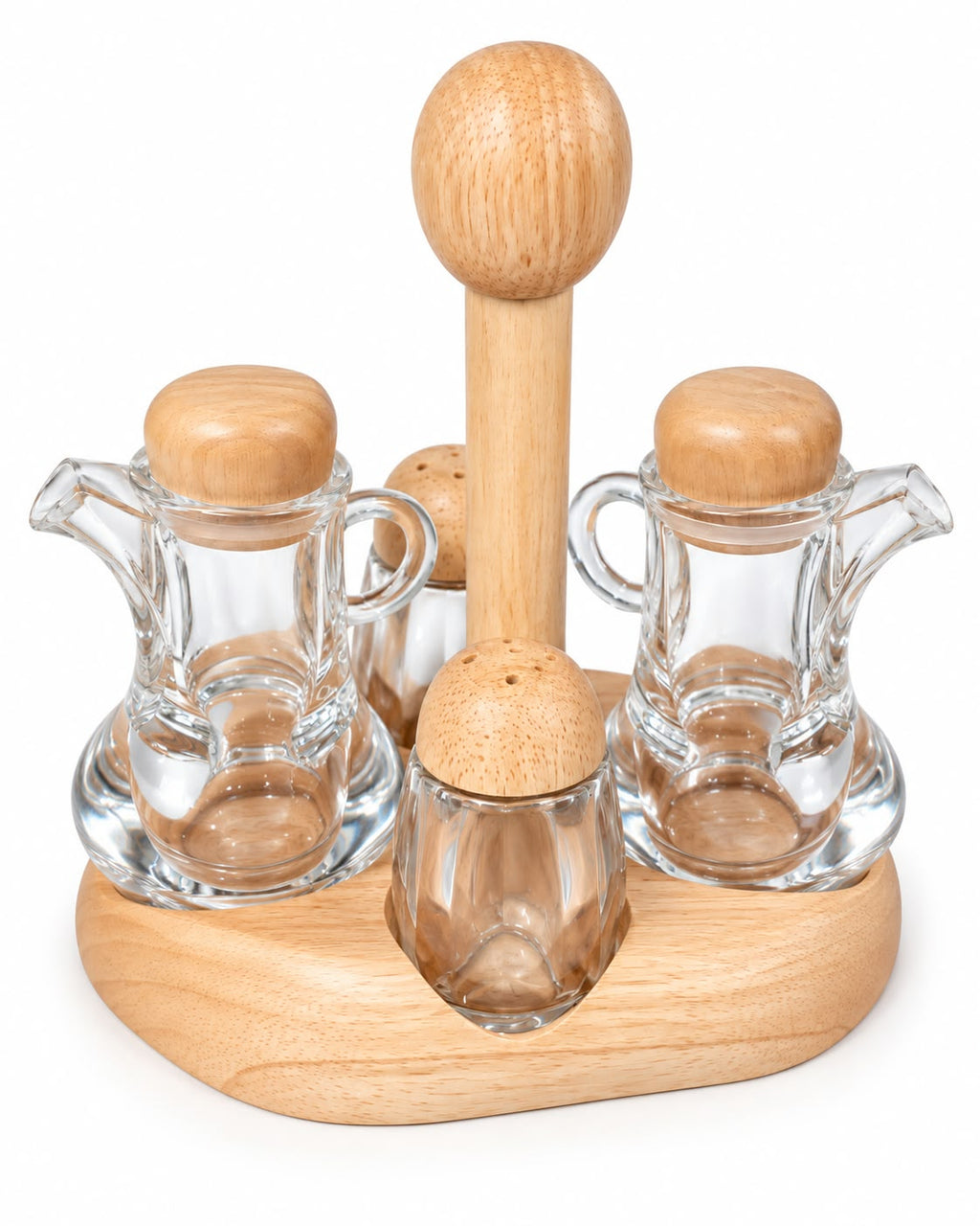 Front view glass oil vinegar and spice condiment set with wooden stand
