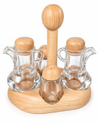 Front view glass oil vinegar and spice condiment set with wooden stand