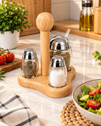 Glass spice and condiment set with wooden stand in kitchen
