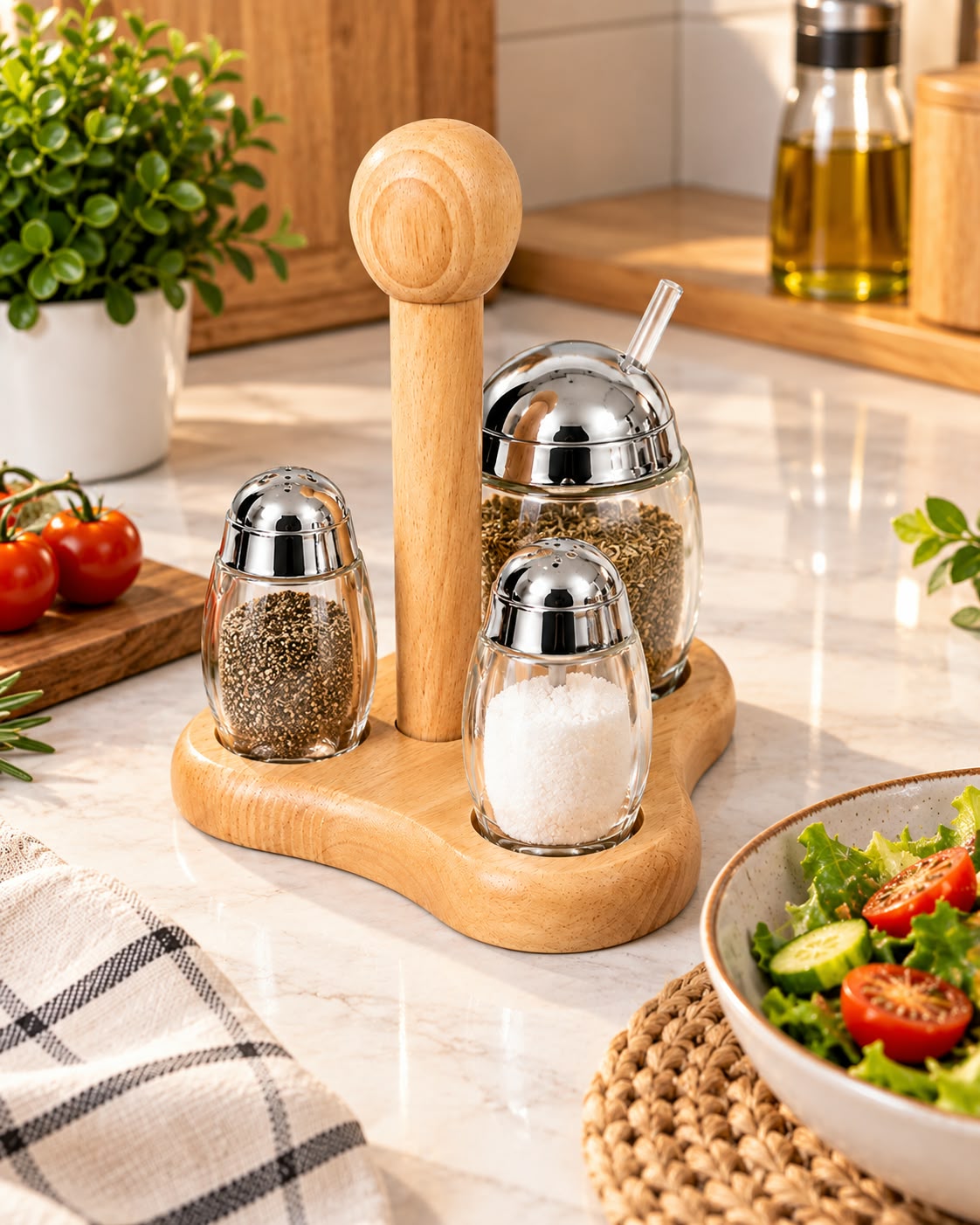 Glass spice and condiment set with wooden stand in kitchen