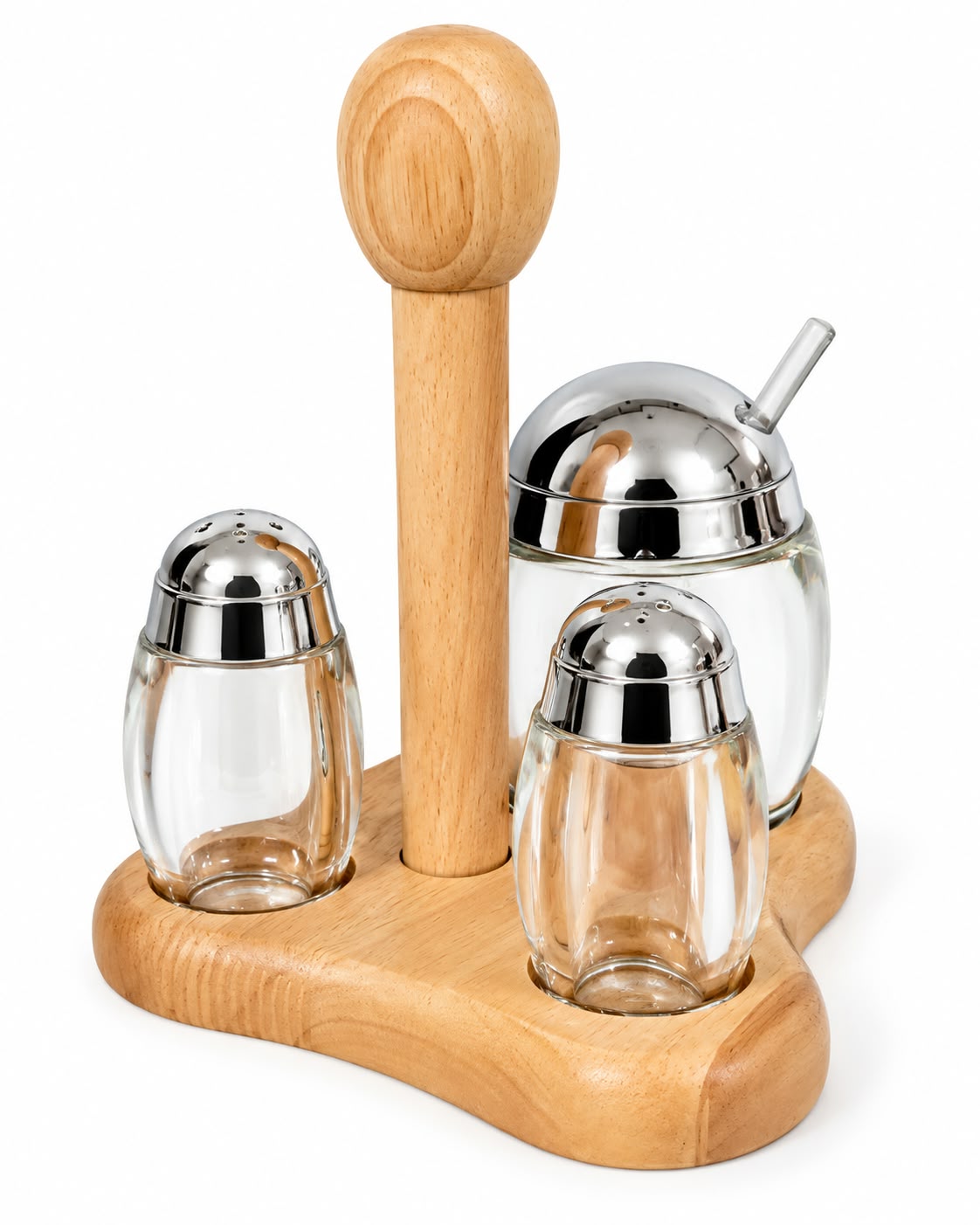 Glass spice and condiment set with wooden stand product view