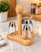 Glass spice and condiment set with wooden stand lifestyle view