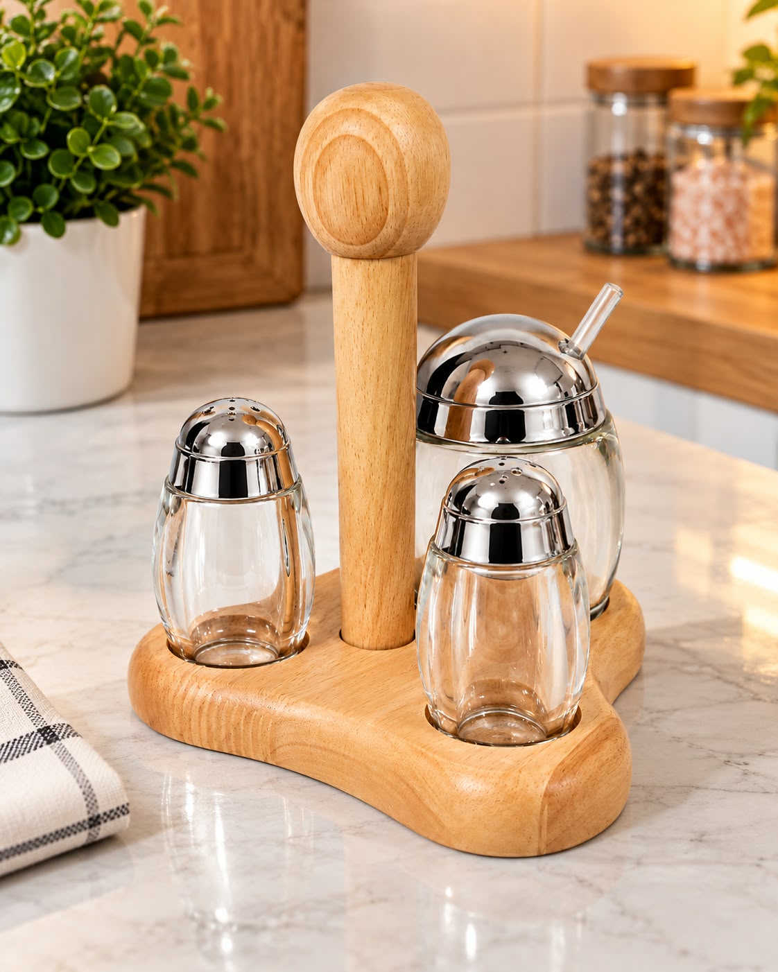 Glass spice and condiment set with wooden stand lifestyle view