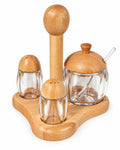 Glass spice and sugar condiment set with wooden lids and stand
