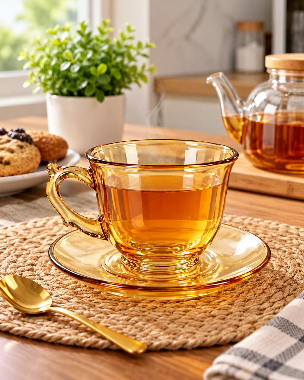 Amber glass tea cup and saucer set in kitchen