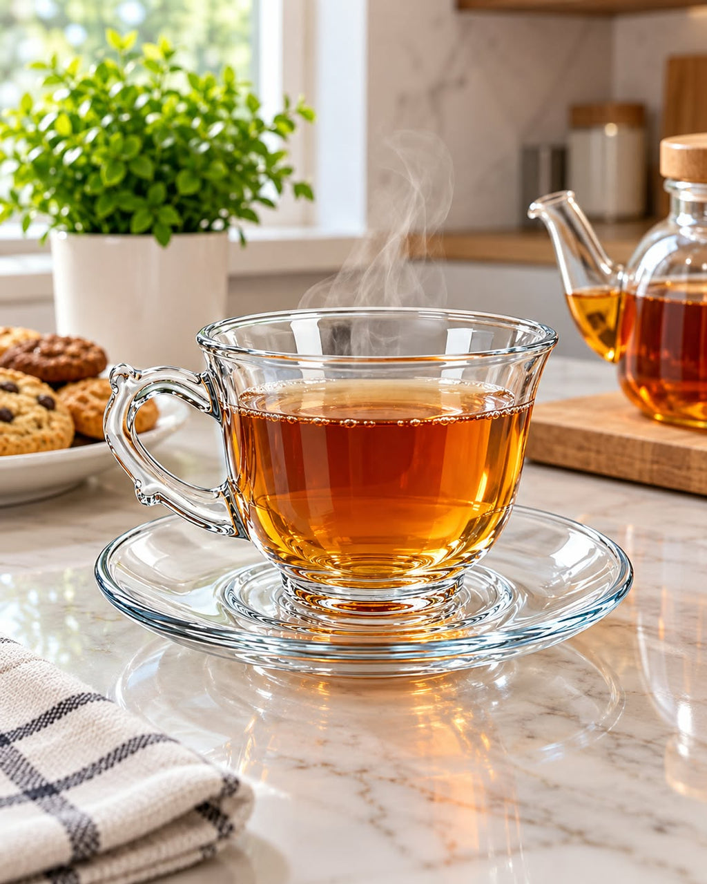 Clear glass tea cup and saucer set in kitchen
