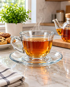 Clear glass tea cup and saucer set in kitchen