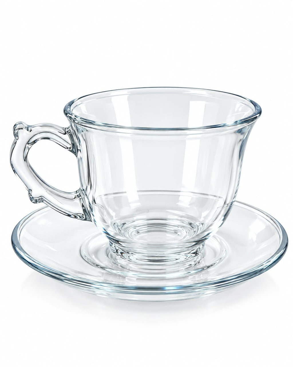 Clear glass tea cup and saucer