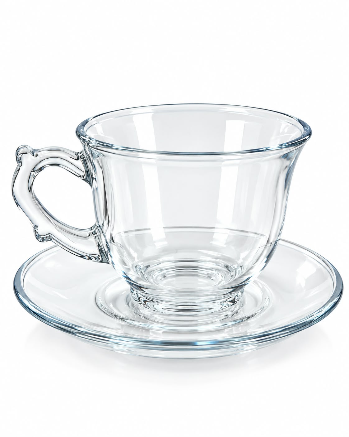 Clear glass tea cup and saucer