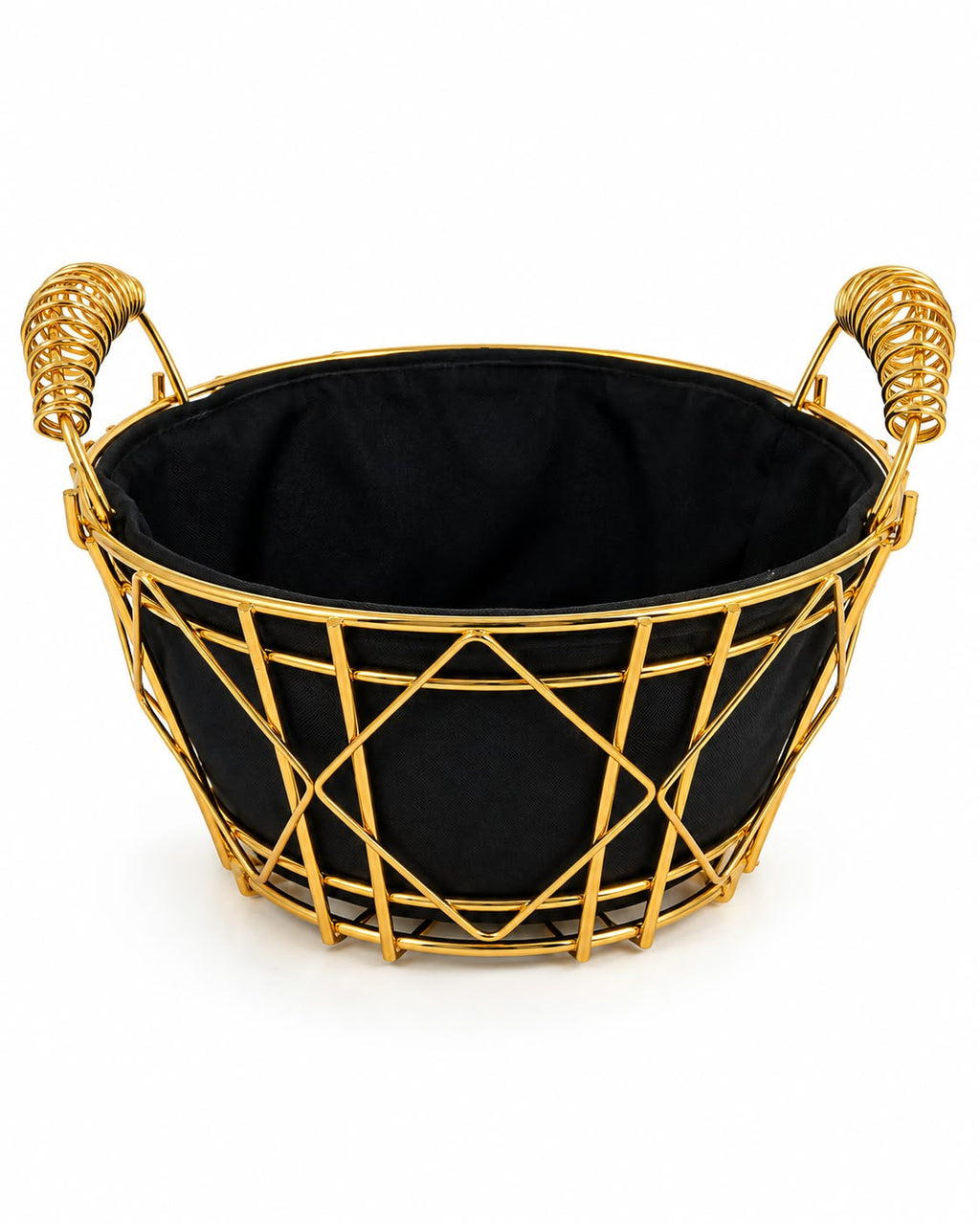 Gold metal fruit basket with black fabric liner product view