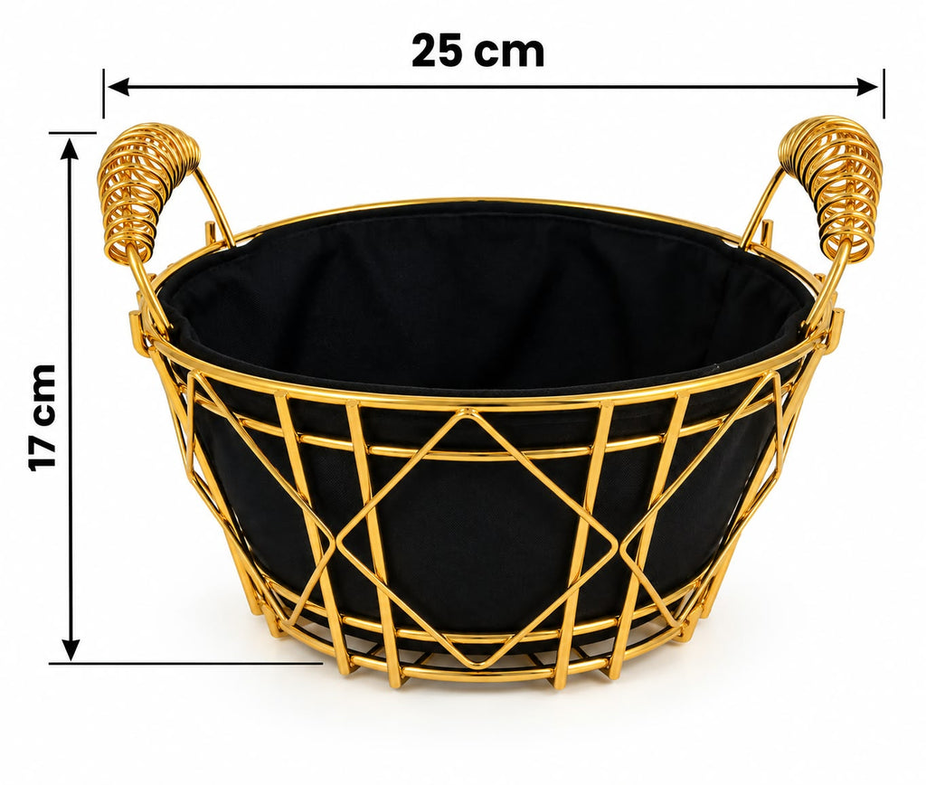 Gold metal fruit basket with black fabric liner dimensions 25 by 17 cm