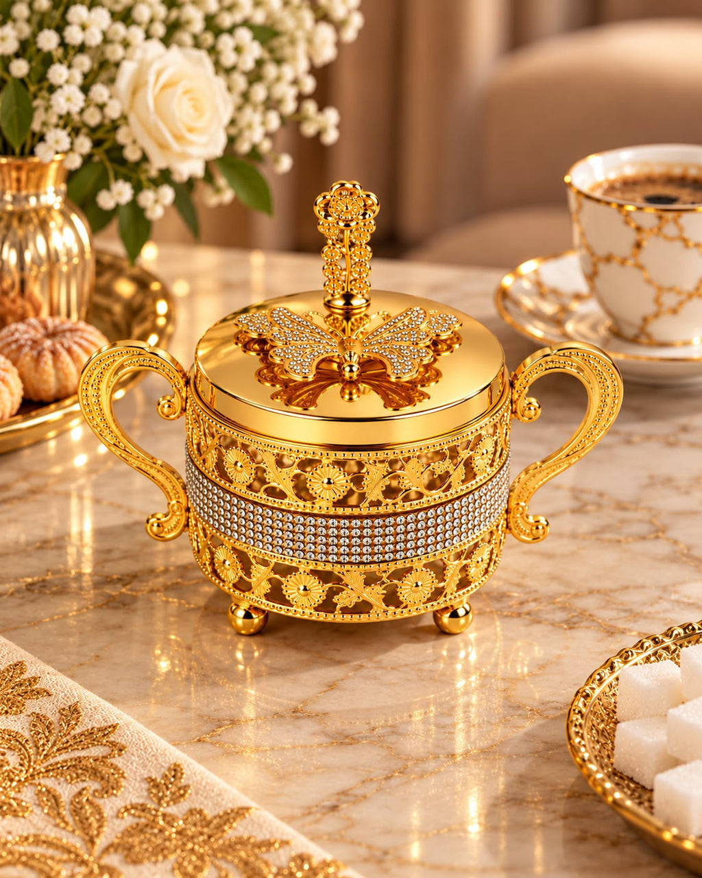 Luxury gold sugar bowl displayed on a marble table