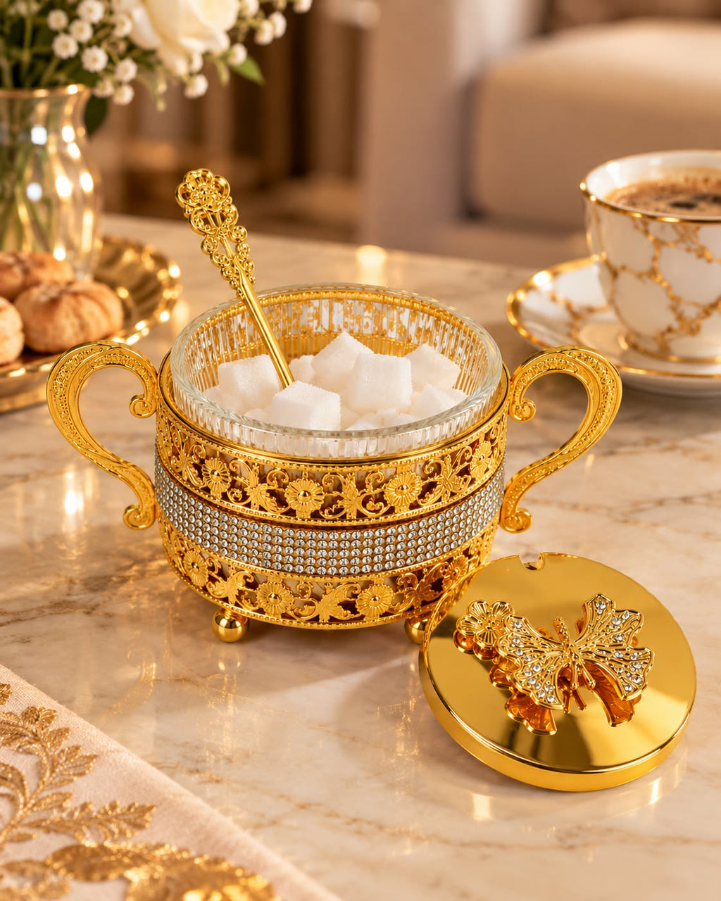 Gold sugar bowl open with glass insert, sugar cubes, spoon and decorative lid