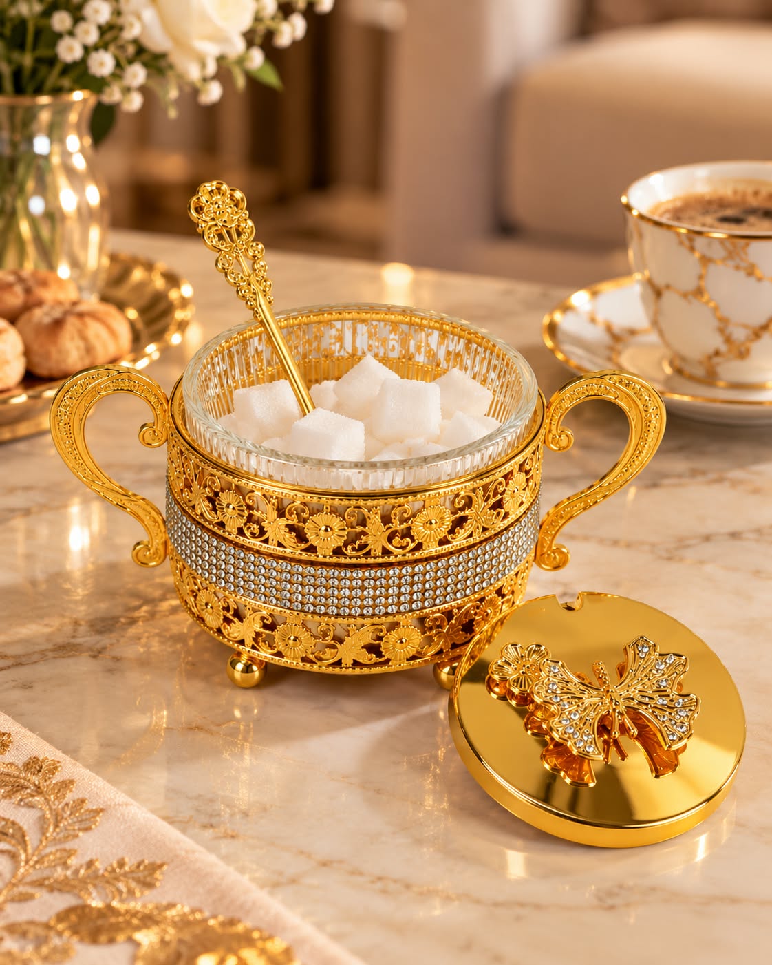Gold sugar bowl open with glass insert, sugar cubes, spoon and decorative lid