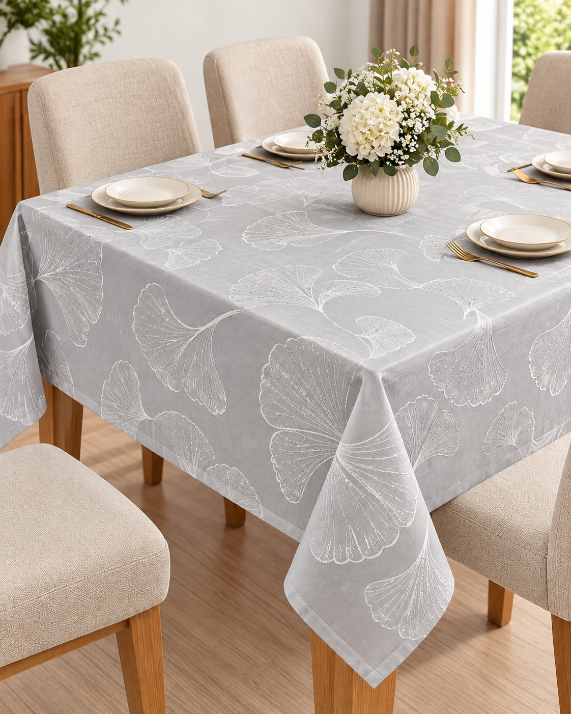 Gray ginkgo leaf tablecloth 140 x 180 cm dining table scene