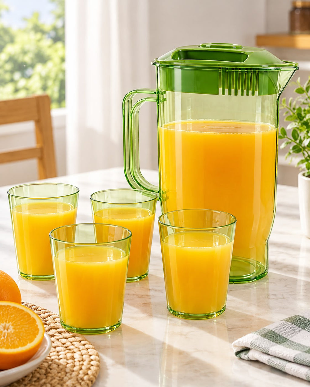 Transparent green pitcher and cup set with orange juice
