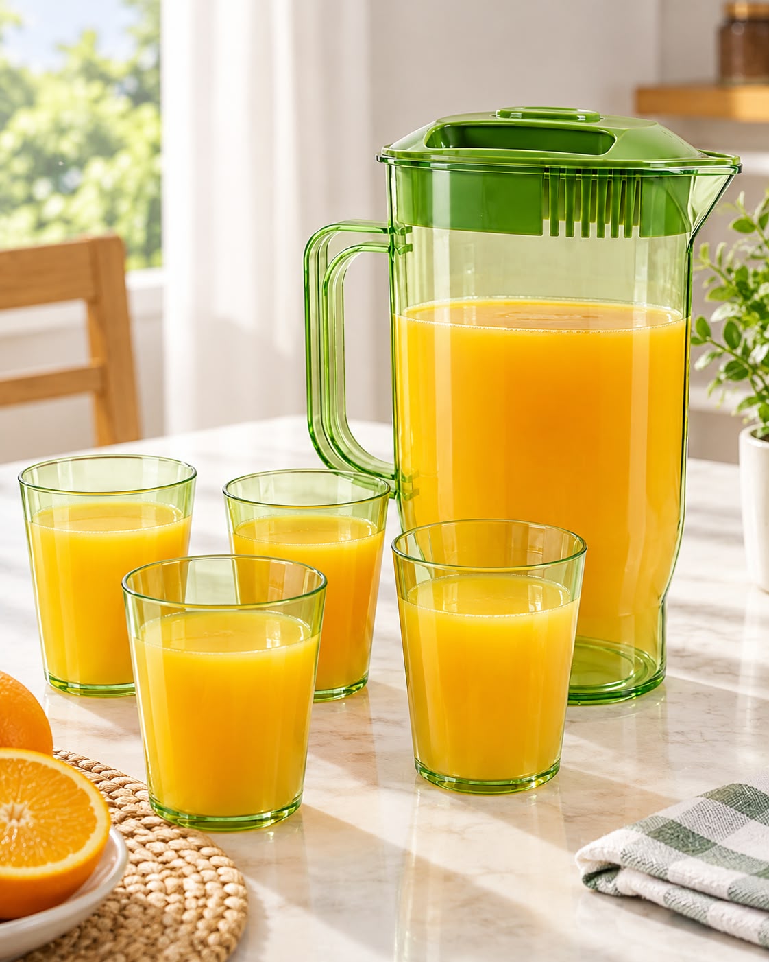 Transparent green pitcher and cup set with orange juice