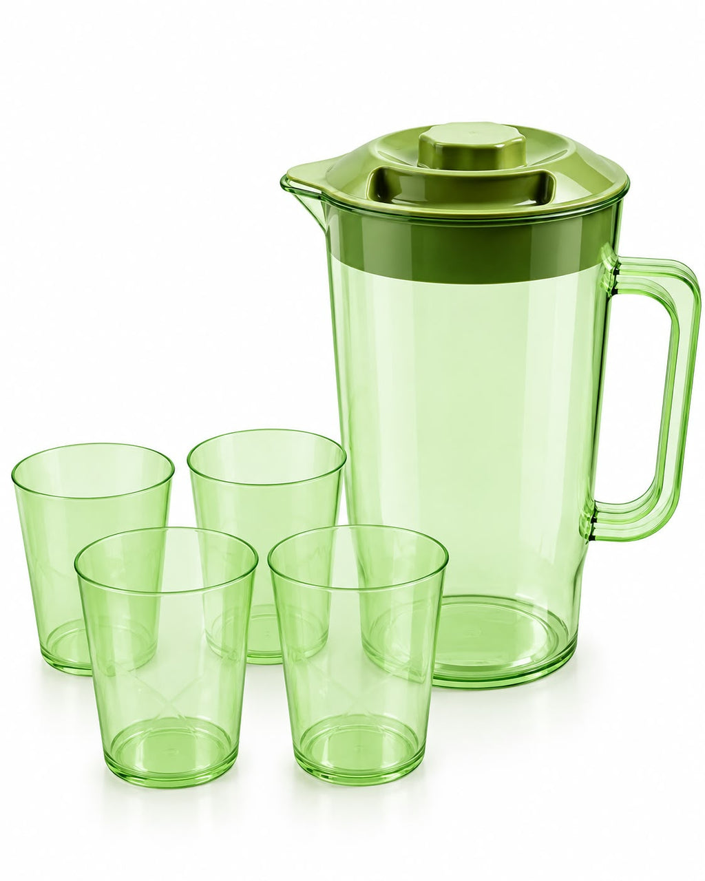Transparent green pitcher and four cups set