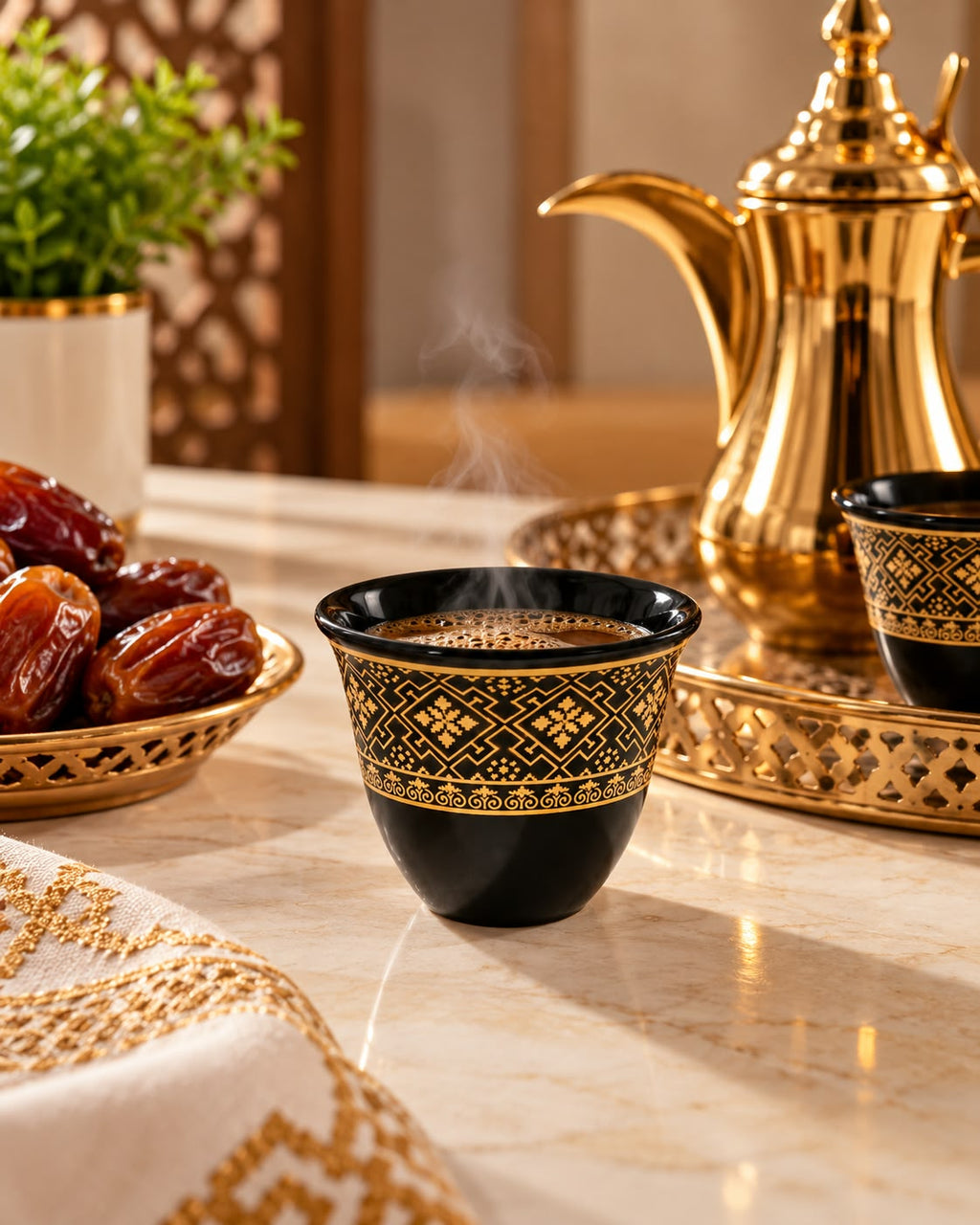 HA33-2 black and gold Arabic coffee cups - design 2 scene