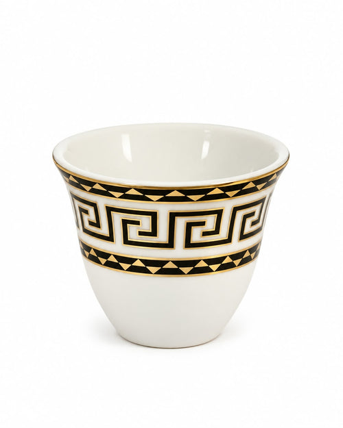 12-piece black and gold Arabic coffee cup set on white background