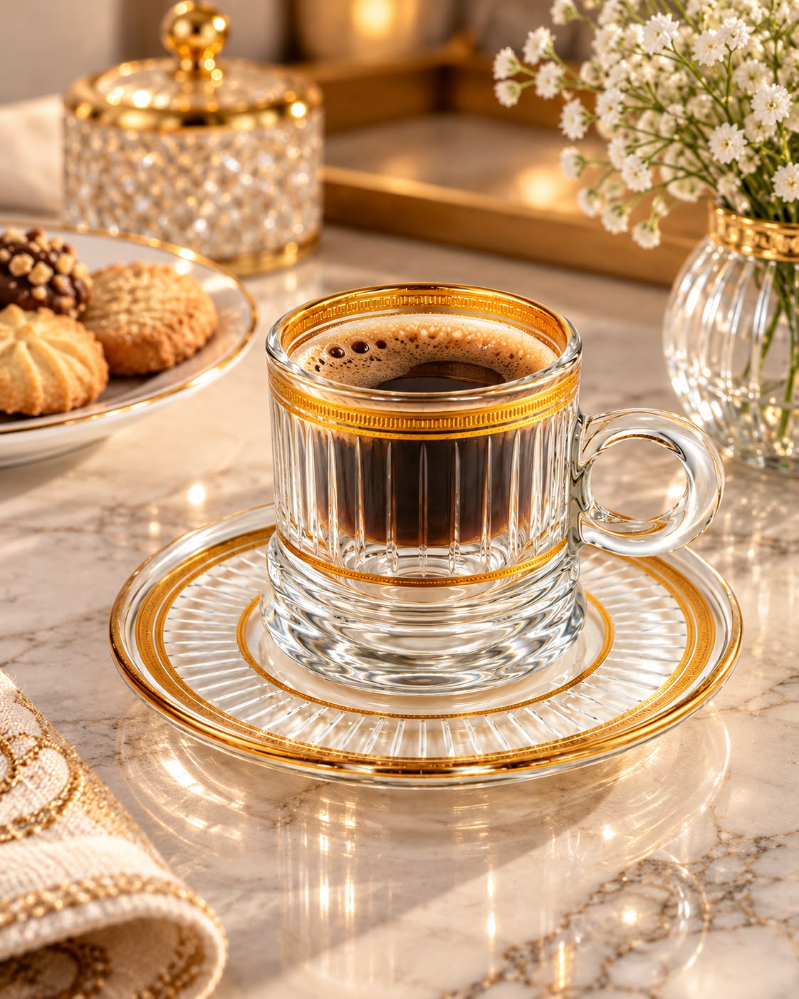 Luxury Gold-Rimmed Glass Coffee Cup & Saucer