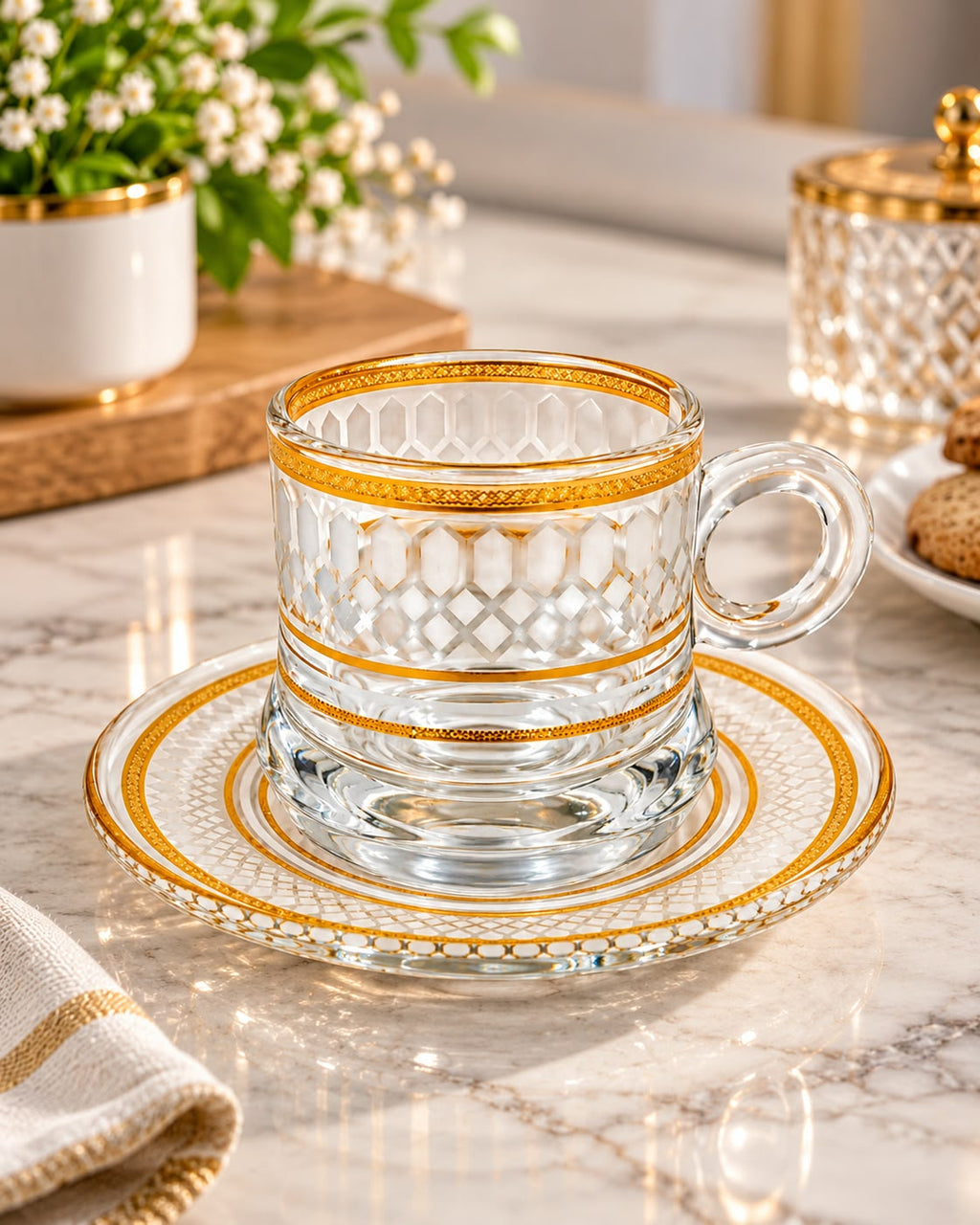 Luxury Gold-Rimmed Glass Coffee Cup & Saucer