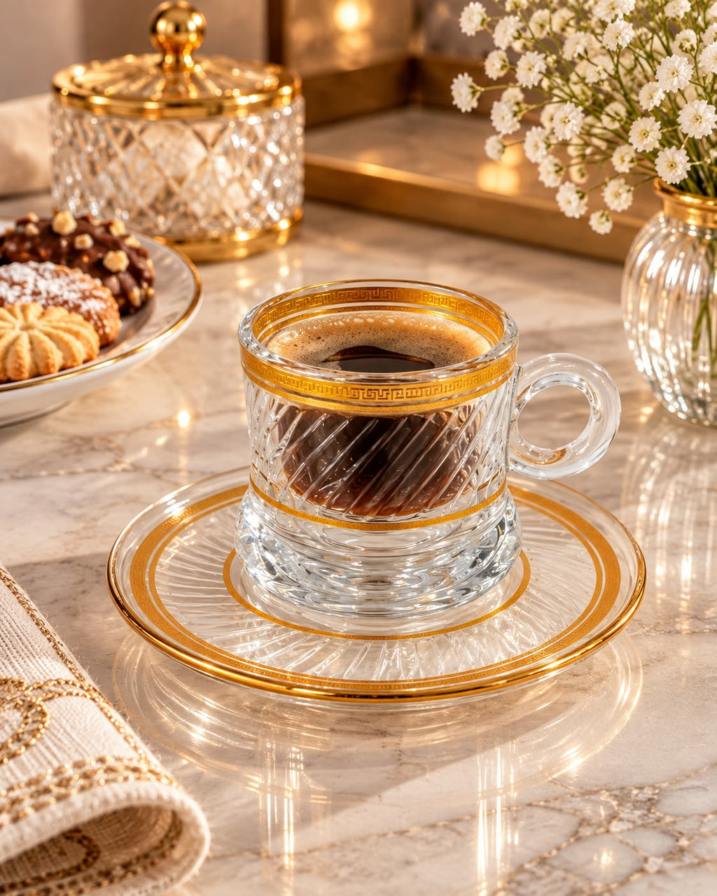 Luxury Gold-Rimmed Glass Coffee Cup & Saucer