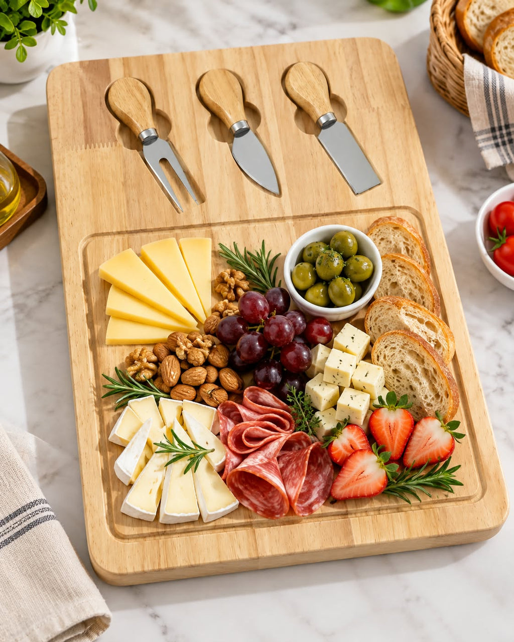 Bamboo Cheese Serving Board with 3 Utensils