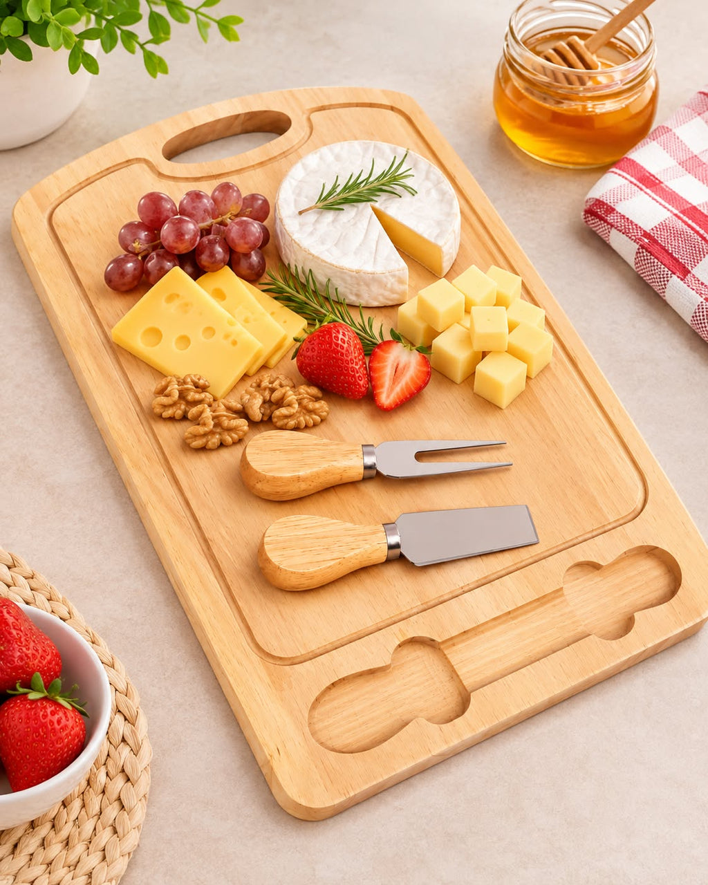 Bamboo Cheese Serving Board with Fork & Knife