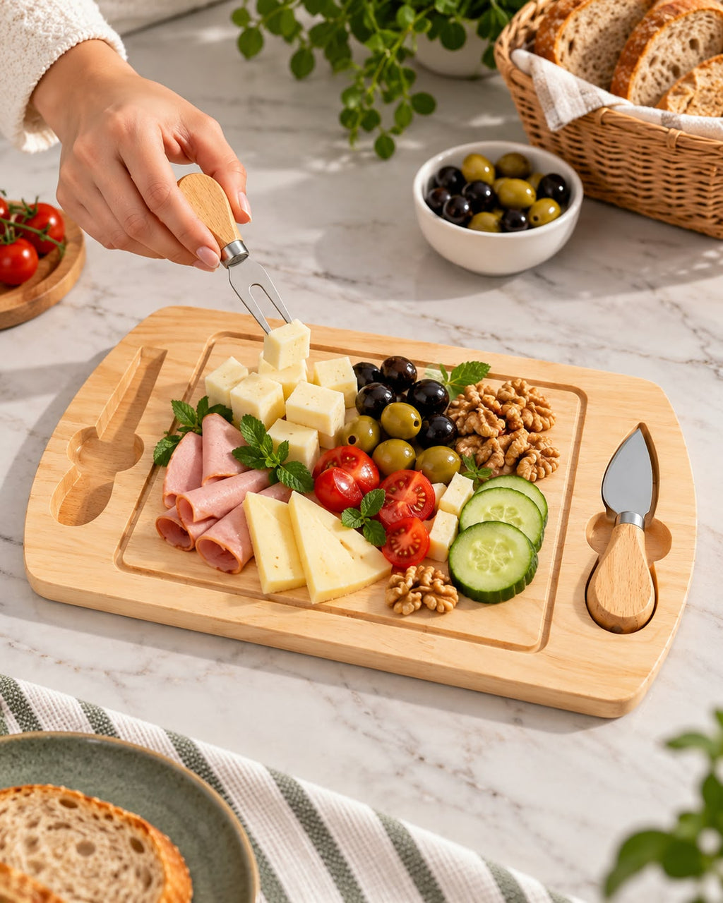 Bamboo Cheese Serving Board with Fork & Knife