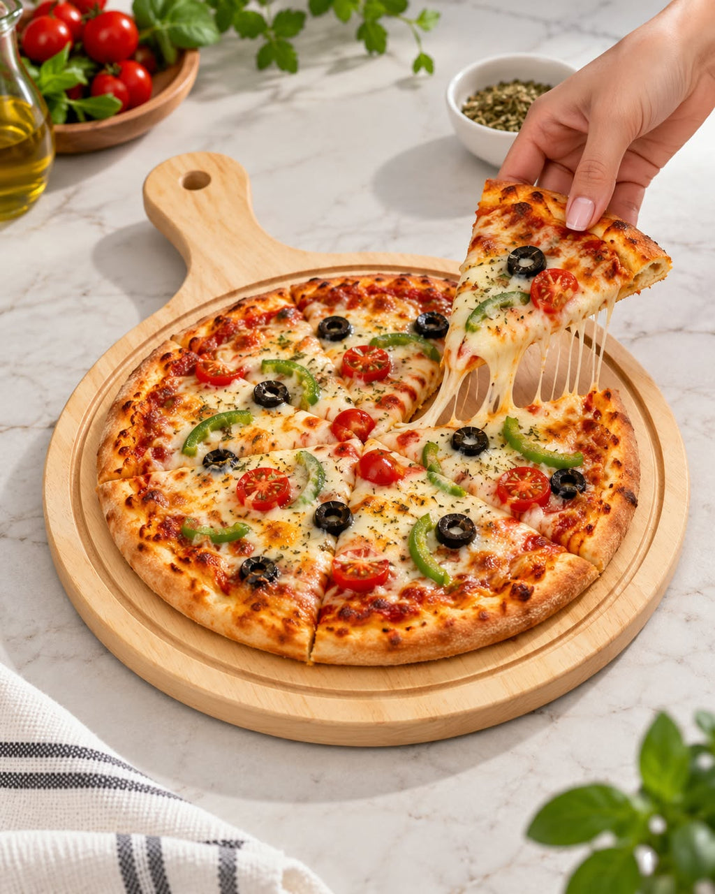 Round Bamboo Pizza Serving Board with Handle