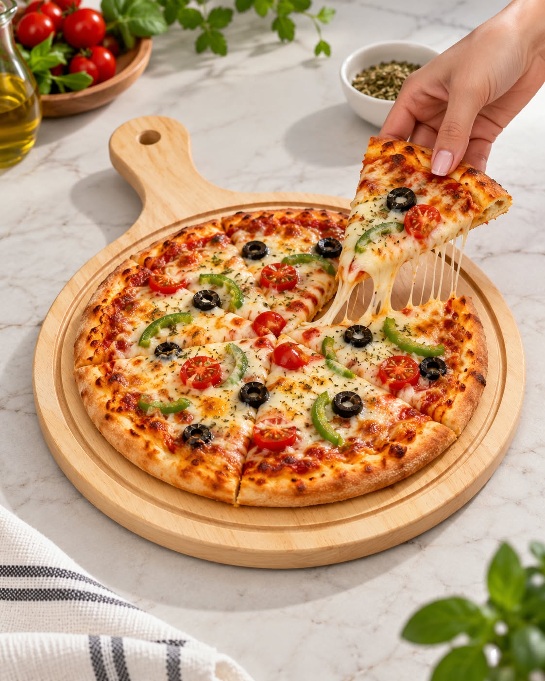 Round Bamboo Pizza Serving Board with Handle