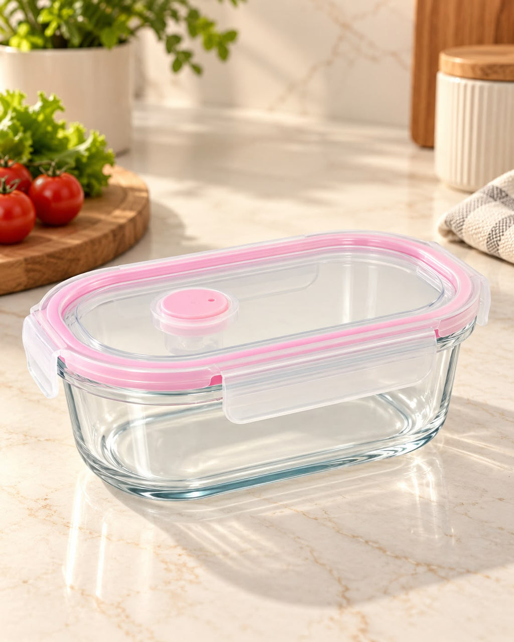 850ML glass food storage container with pink airtight lid