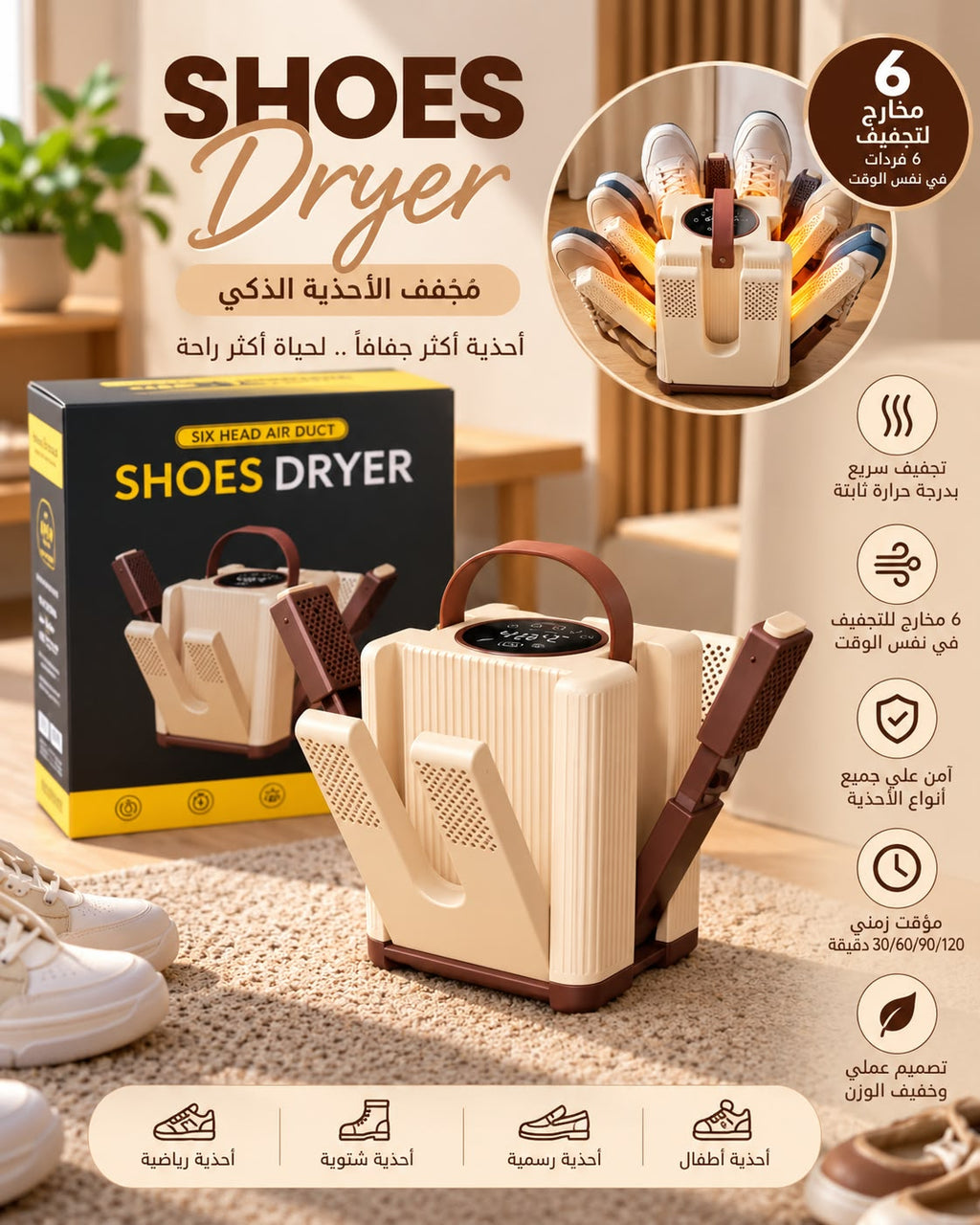 Electric shoe dryer features and six air outlets