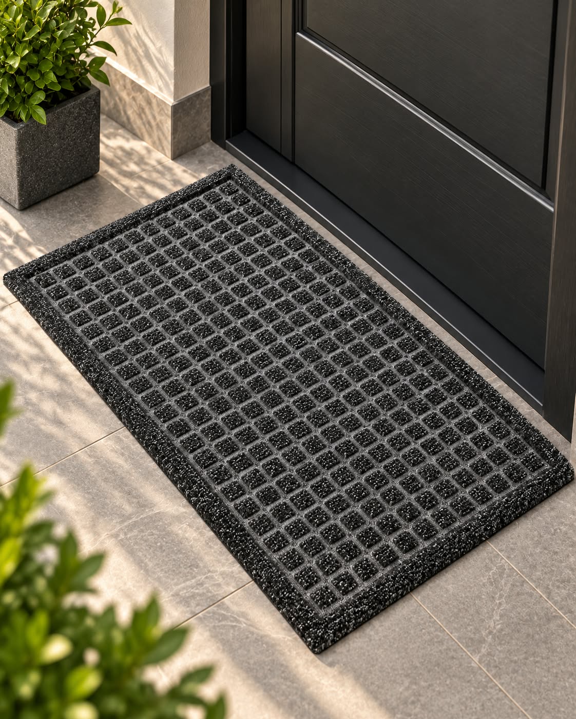 Square grid textured doormat in black and brown