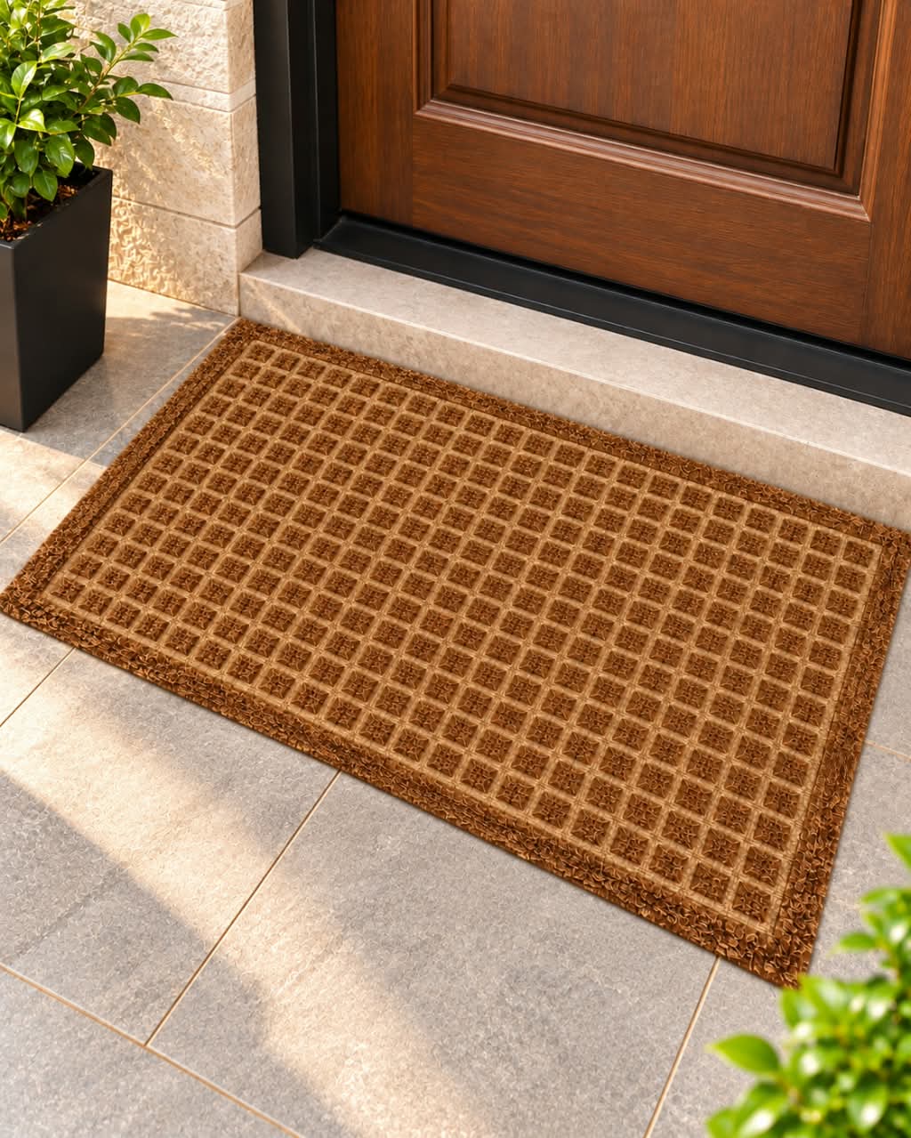 Square grid textured doormat in black and brown