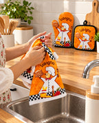 Matching kitchen towel oven mitt and pot holder in chef design