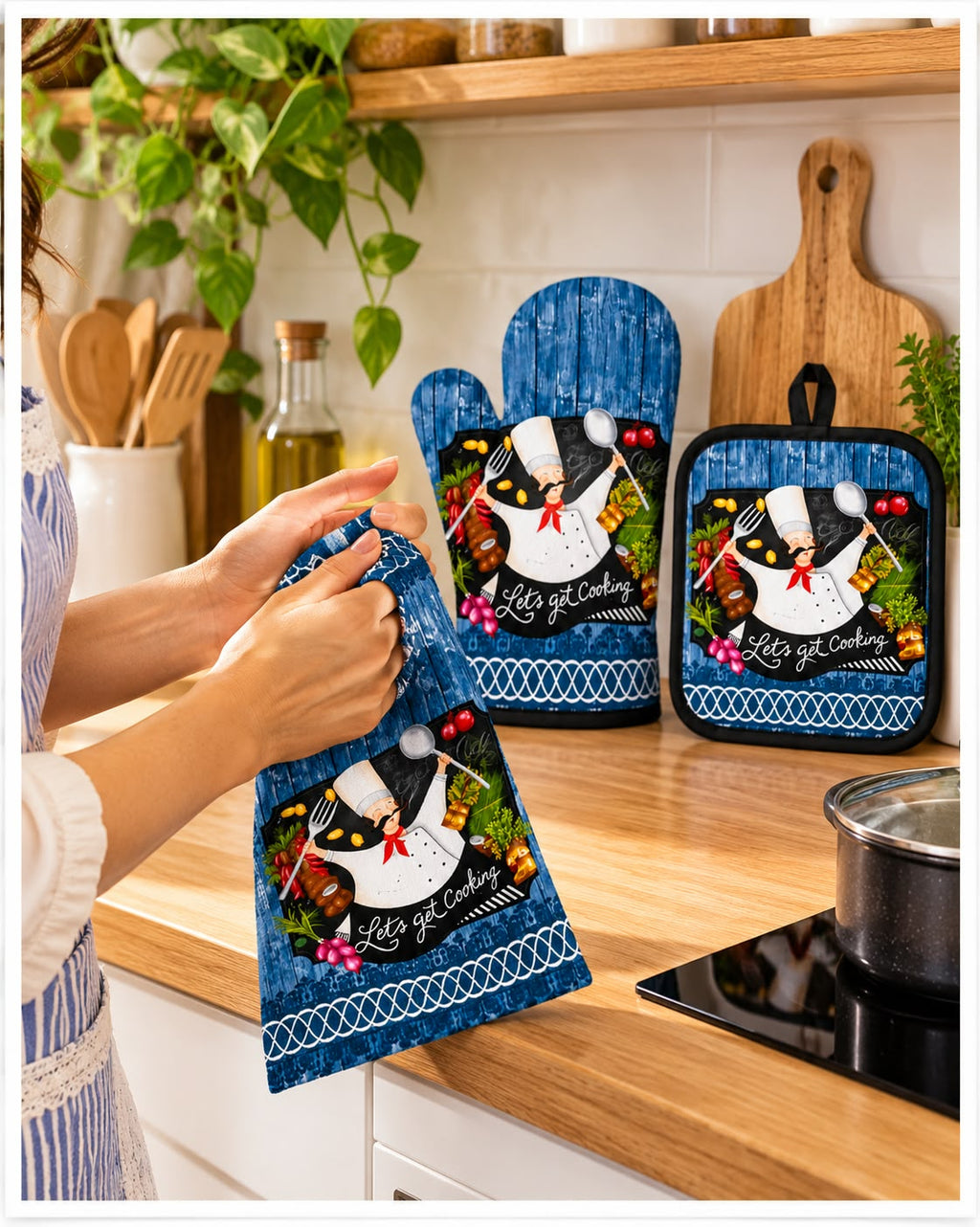 Matching kitchen towel oven mitt and pot holder in chef design