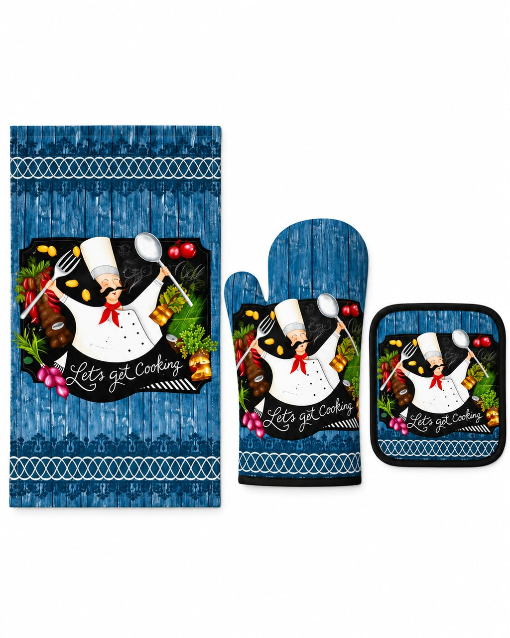 Matching kitchen towel oven mitt and pot holder in chef design
