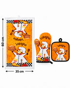 Matching kitchen towel oven mitt and pot holder in chef design